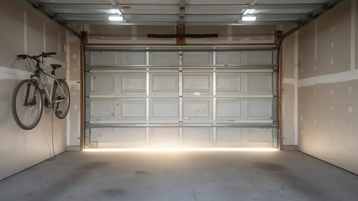 The garage door is partially open with sunlight shining underneath.