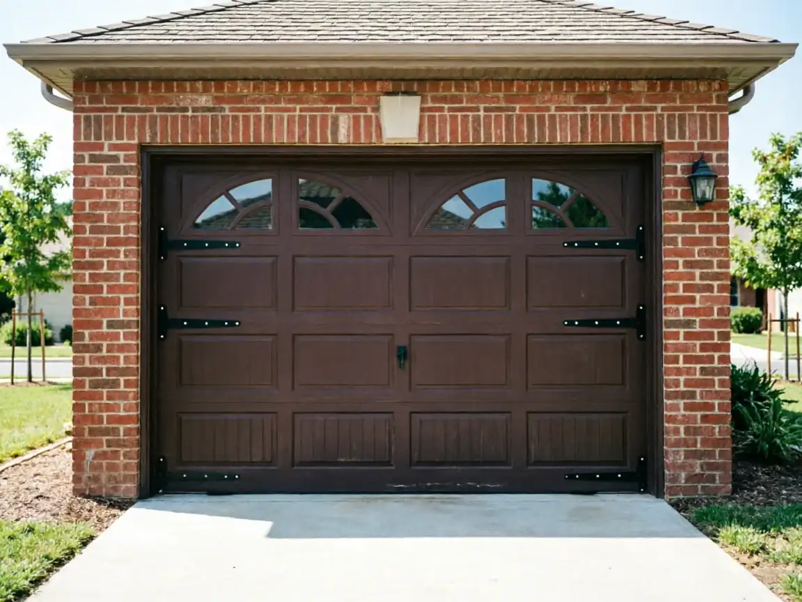 A brown garage door with decorative hardware and arched windows on a brick garage.