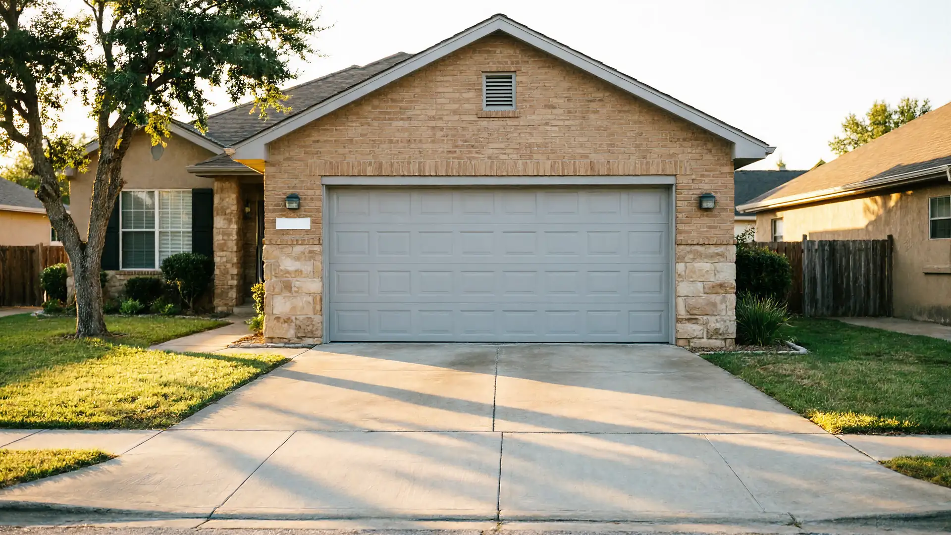 The house has a light gray garage door, brick facade, and a green lawn.