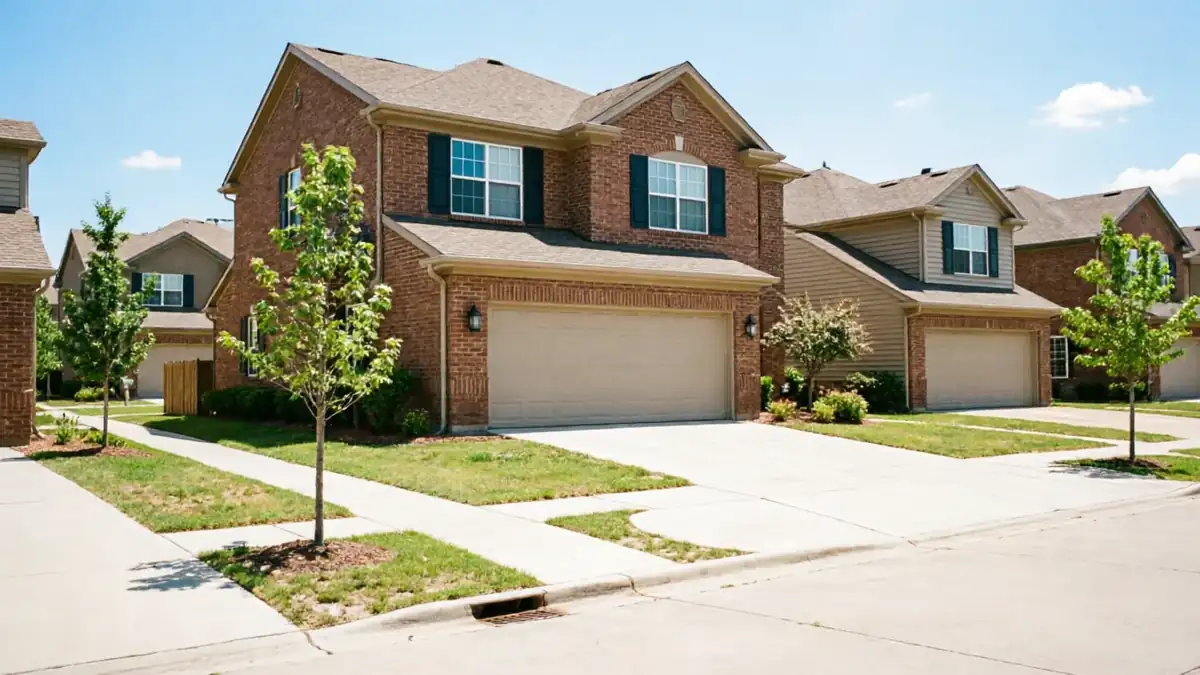 A row of brick and tan houses with attached garages and driveways.