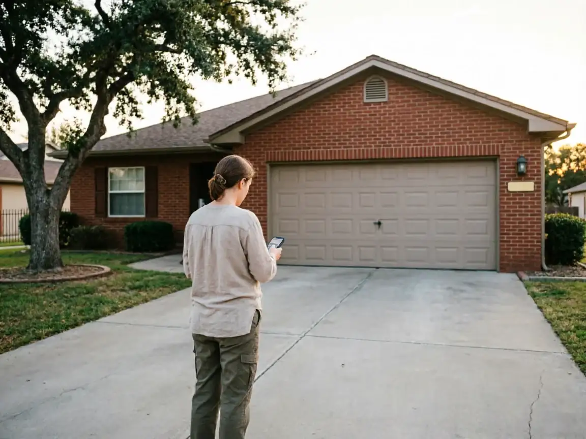 A person stands in a driveway, looking at a phone in front of a house.