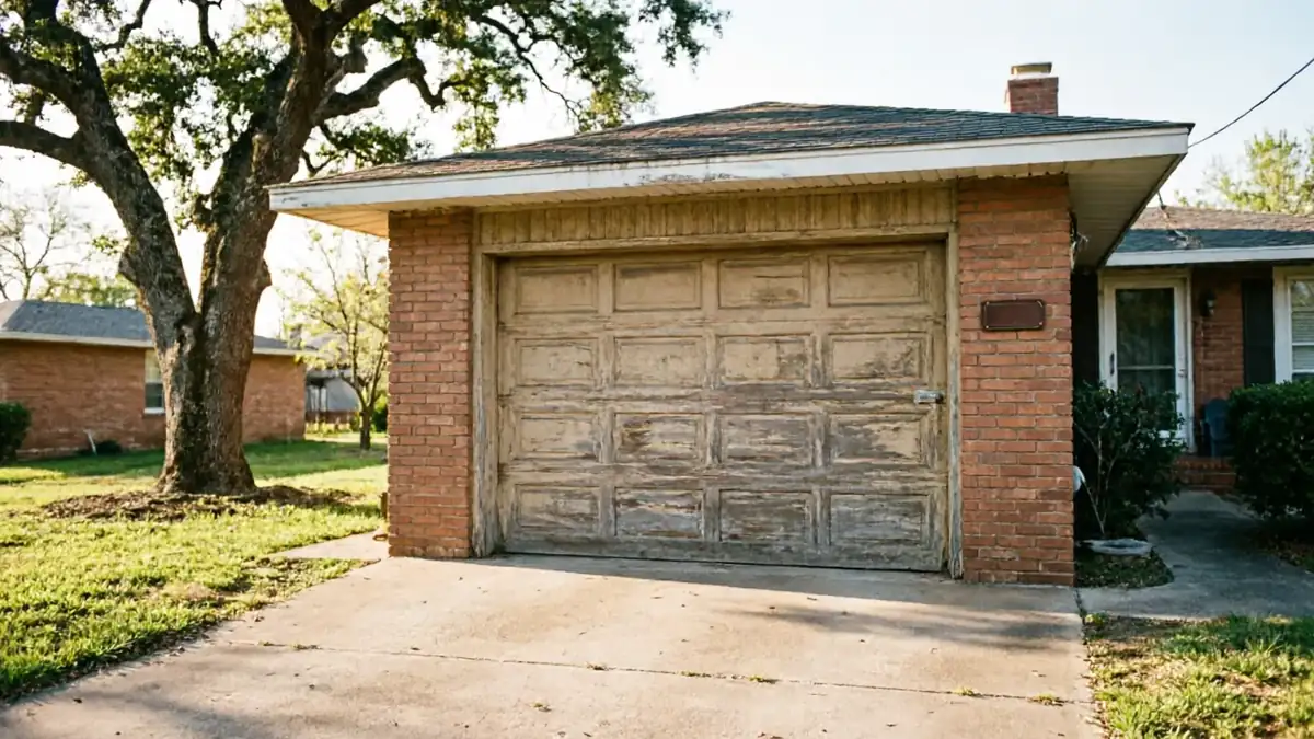 A weathered wooden garage door is on a brick house with a large tree.