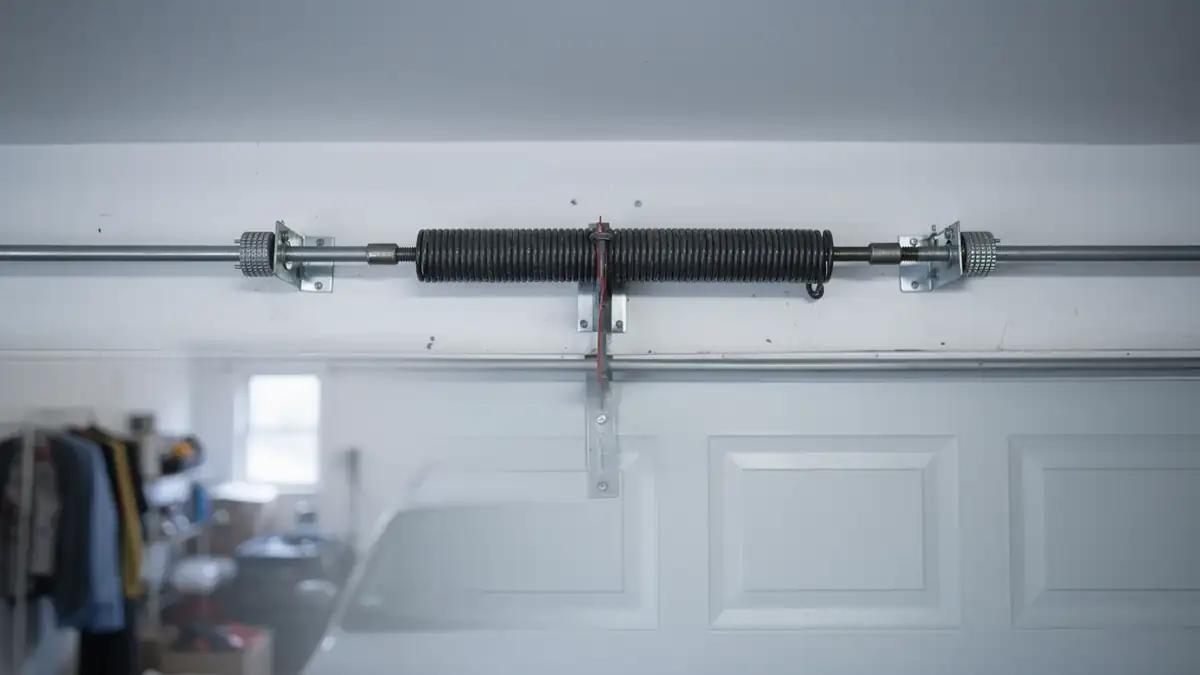 A torsion spring is mounted above a white garage door.