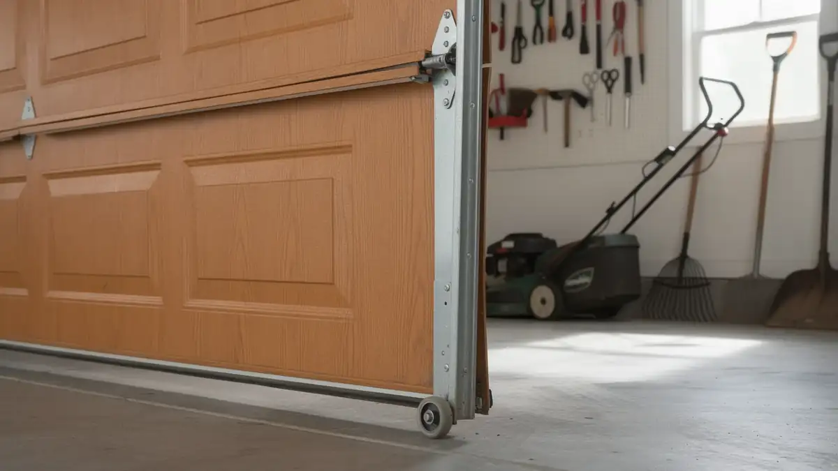 A brown garage door is partially open, revealing a garage interior.